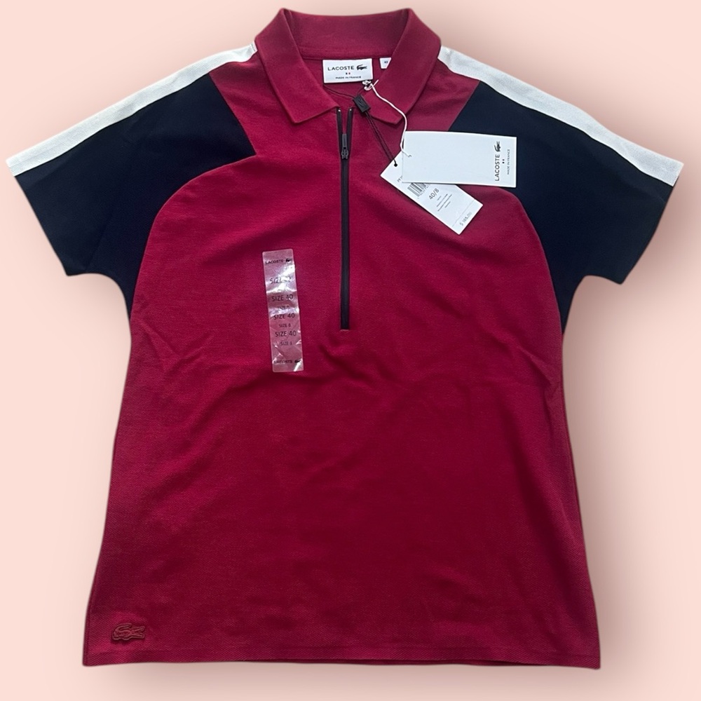 Lacoste Women’s Slim Fit Zip Neck Pique Polo (Beaujolais / Navy Blue)